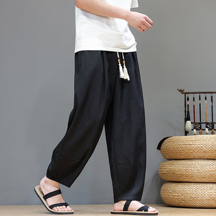 Buddha Stones 夏用ドローストリング付き無地メンズ伸縮性ウエストハーレムパンツ（ポケット付き） - image 24