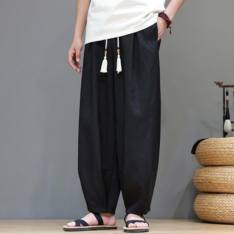 Buddha Stones 夏用ドローストリング付き無地メンズ伸縮性ウエストハーレムパンツ（ポケット付き） - image 26
