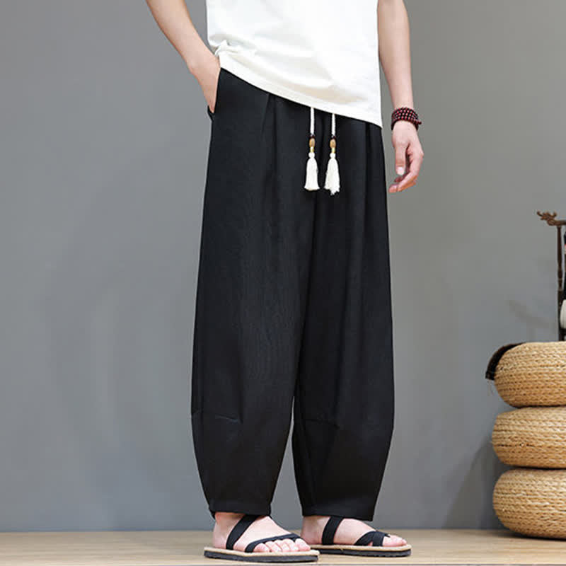 Buddha Stones 夏用ドローストリング付き無地メンズ伸縮性ウエストハーレムパンツ（ポケット付き） - image 20