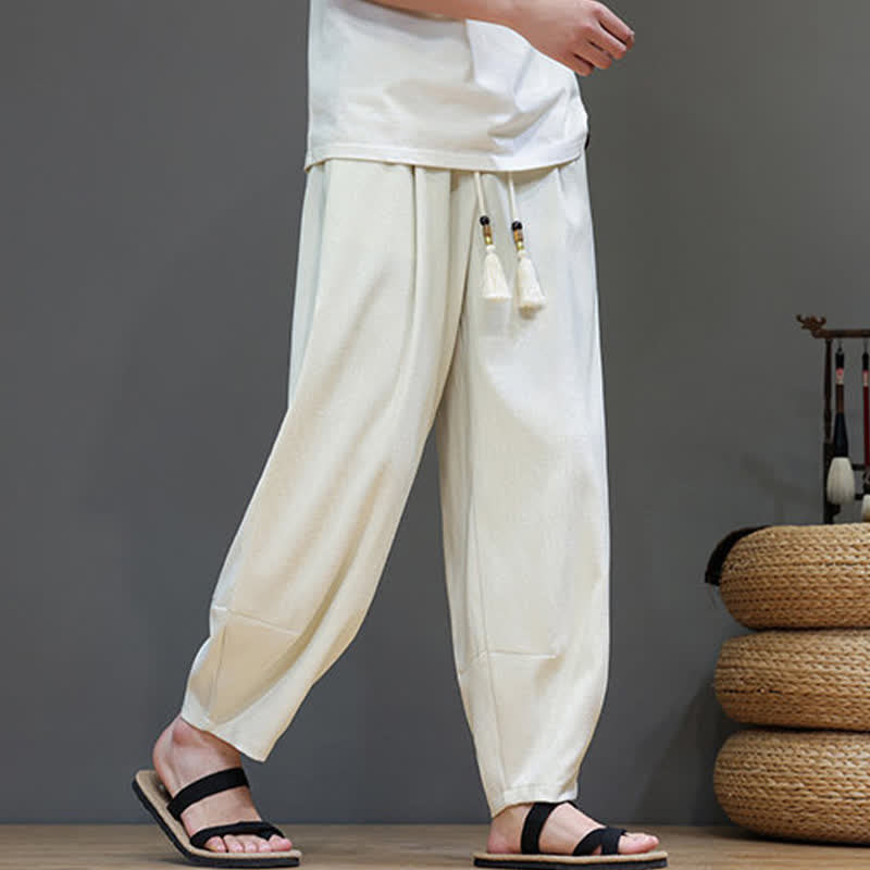 Buddha Stones 夏用ドローストリング付き無地メンズ伸縮性ウエストハーレムパンツ（ポケット付き） - image 17