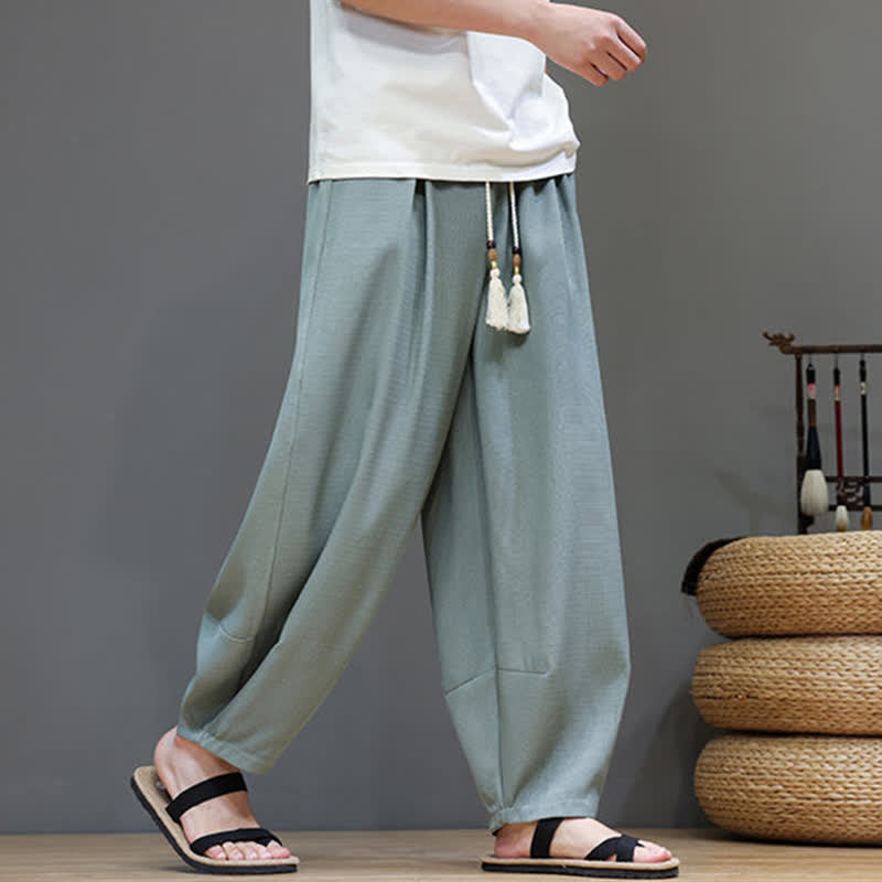 Buddha Stones 夏用ドローストリング付き無地メンズ伸縮性ウエストハーレムパンツ（ポケット付き） - image 3