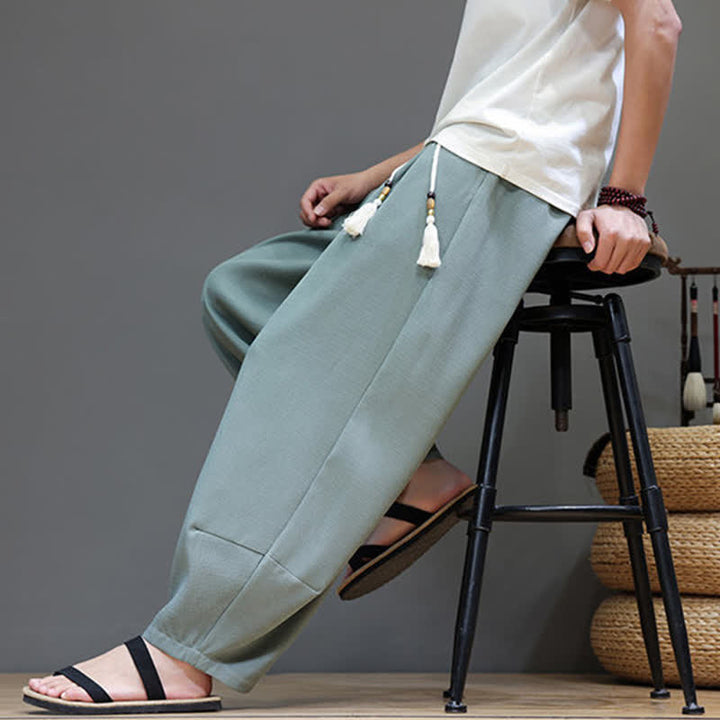Buddha Stones 夏用ドローストリング付き無地メンズ伸縮性ウエストハーレムパンツ（ポケット付き） - image 6