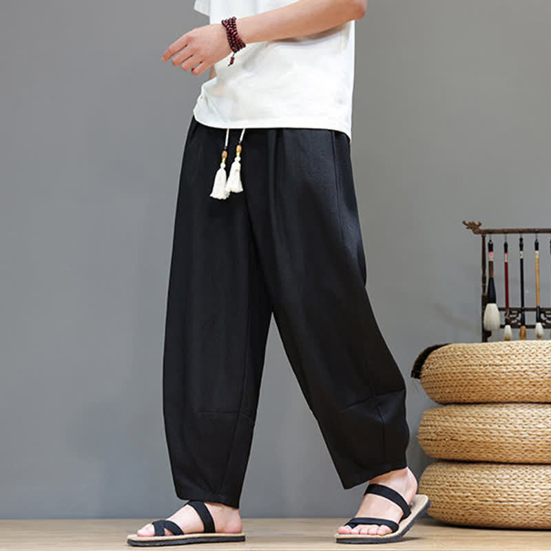 Buddha Stones 夏用ドローストリング付き無地メンズ伸縮性ウエストハーレムパンツ（ポケット付き） - image 21