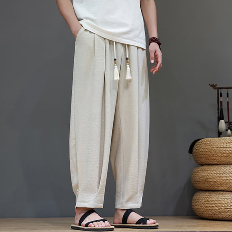 Buddha Stones 夏物ミニマリスト無地メンズゴムウエストテーパードパンツ（ポケット付き） - image 4