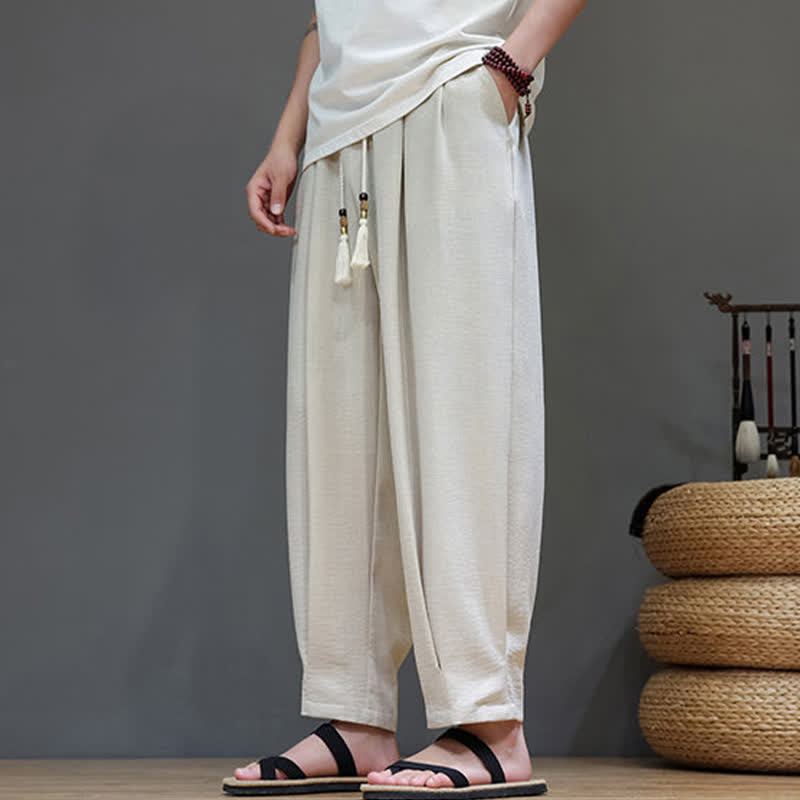 Buddha Stones 夏物ミニマリスト無地メンズゴムウエストテーパードパンツ（ポケット付き） - image 5