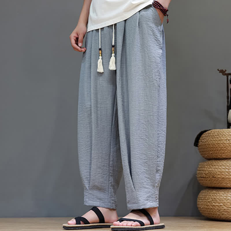 Buddha Stones 夏物ミニマリスト無地メンズゴムウエストテーパードパンツ（ポケット付き） - image 13