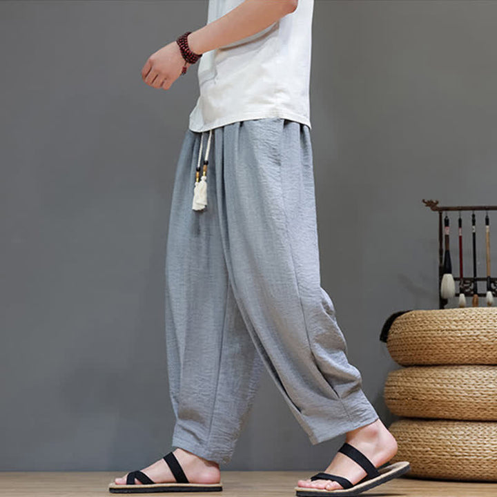 Buddha Stones 夏物ミニマリスト無地メンズゴムウエストテーパードパンツ（ポケット付き） - image 10