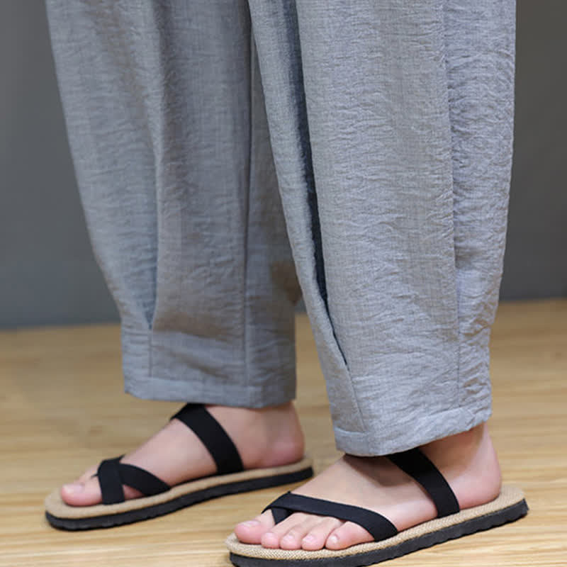 Buddha Stones 夏物ミニマリスト無地メンズゴムウエストテーパードパンツ（ポケット付き） - image 20