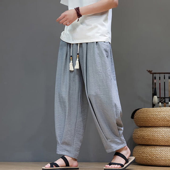 Buddha Stones 夏物ミニマリスト無地メンズゴムウエストテーパードパンツ（ポケット付き） - image 14