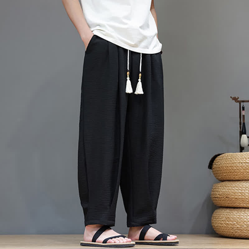 Buddha Stones 夏物ミニマリスト無地メンズゴムウエストテーパードパンツ（ポケット付き） - image 27