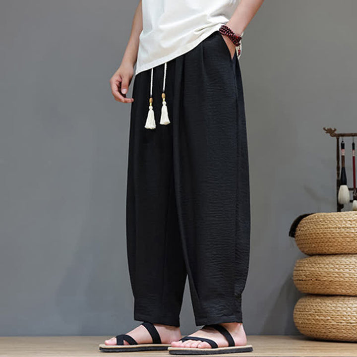 Buddha Stones 夏物ミニマリスト無地メンズゴムウエストテーパードパンツ（ポケット付き） - image 21
