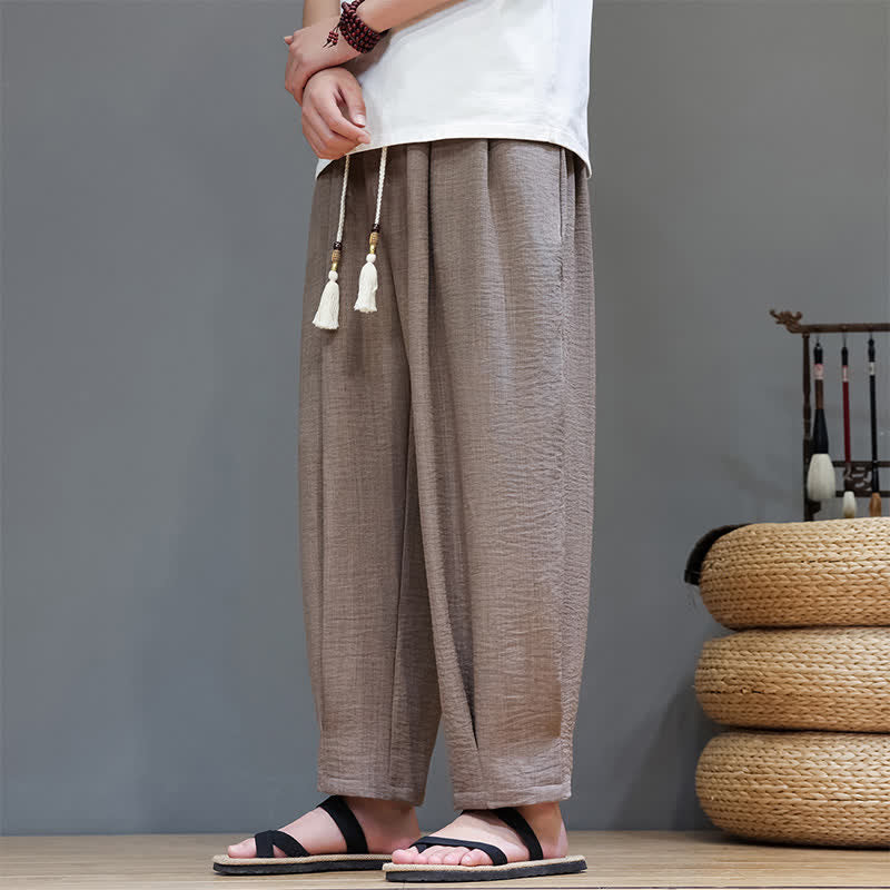Buddha Stones 夏物ミニマリスト無地メンズゴムウエストテーパードパンツ（ポケット付き） - image 32
