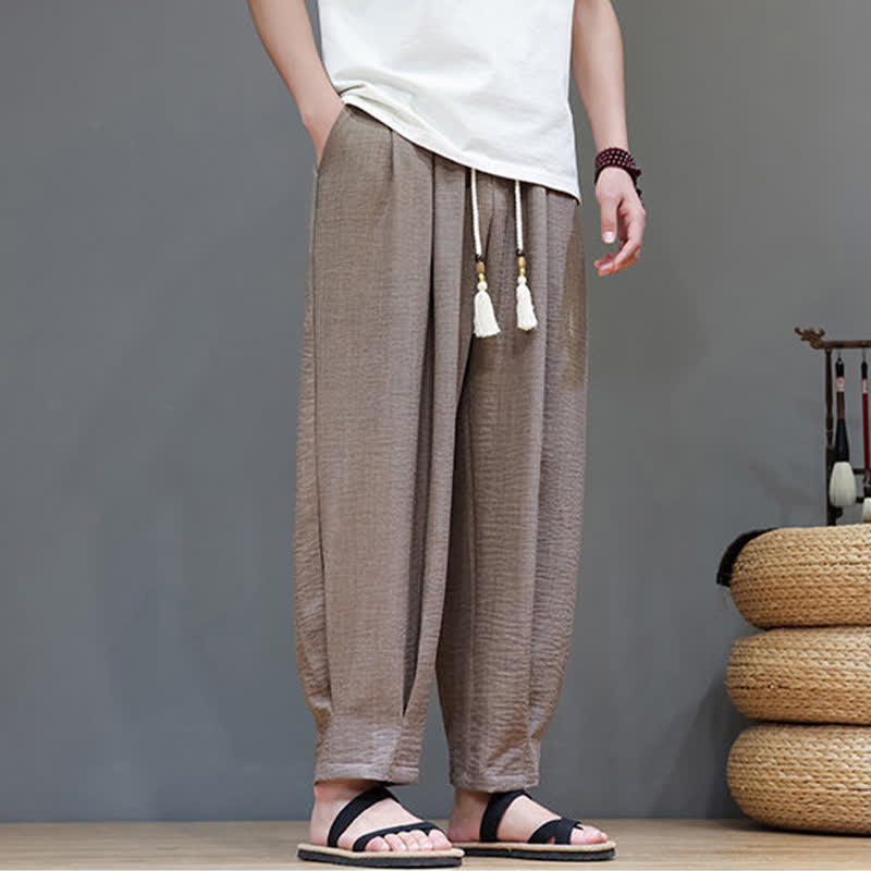 Buddha Stones 夏物ミニマリスト無地メンズゴムウエストテーパードパンツ（ポケット付き） - image 30
