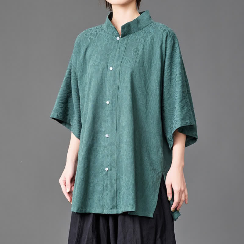 Buddha Stones 夏向けミニマリスト マンダリンカラー ボタンアップ 無地 メンズ 七分袖シャツ - image 10