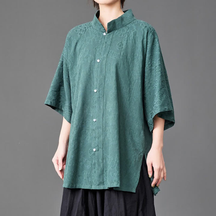 Buddha Stones 夏向けミニマリスト マンダリンカラー ボタンアップ 無地 メンズ 七分袖シャツ - image 10