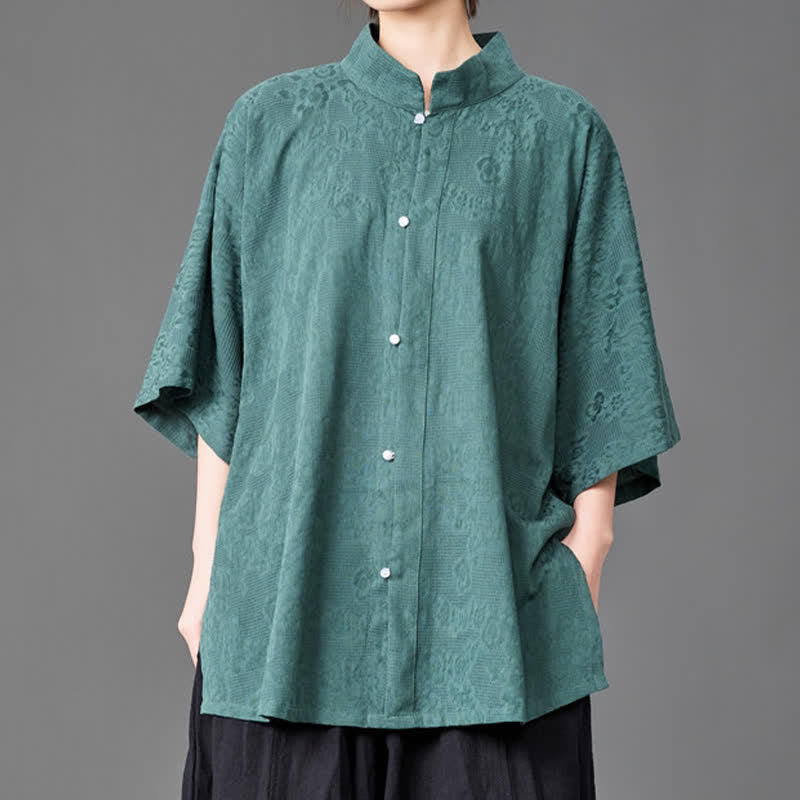Buddha Stones 夏向けミニマリスト マンダリンカラー ボタンアップ 無地 メンズ 七分袖シャツ - カデットブルー - US/UK/AU46、 EU56 (5XL) - image 6