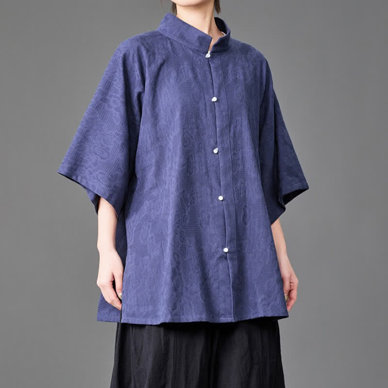 Buddha Stones 夏向けミニマリスト マンダリンカラー ボタンアップ 無地 メンズ 七分袖シャツ - image 1