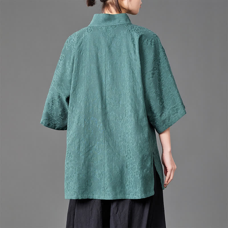 Buddha Stones 夏向けミニマリスト マンダリンカラー ボタンアップ 無地 メンズ 七分袖シャツ - image 7