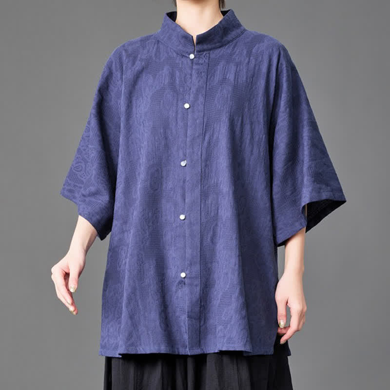 Buddha Stones 夏向けミニマリスト マンダリンカラー ボタンアップ 無地 メンズ 七分袖シャツ - image 5