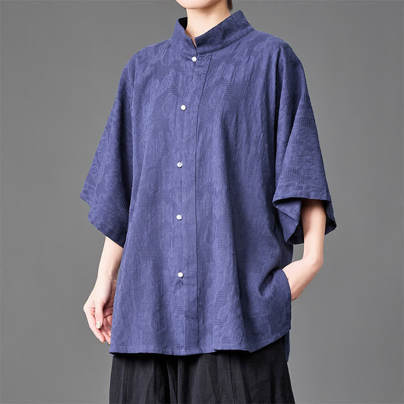 Buddha Stones 夏向けミニマリスト マンダリンカラー ボタンアップ 無地 メンズ 七分袖シャツ - インジゴ - US/UK/AU46、 EU56 (5XL) - image 0