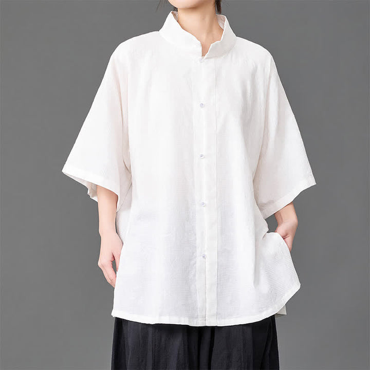 Buddha Stones 夏向けミニマリスト マンダリンカラー ボタンアップ 無地 メンズ 七分袖シャツ - 白 - US/UK/AU46、 EU56 (5XL) - image 11