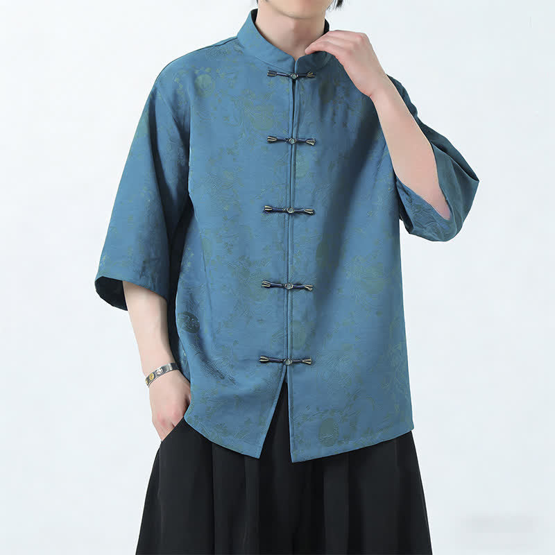 Buddha Stones 夏物 唐風 マンダリンカラー フロッグボタン サイドスリット 無地 メンズ 肘丈袖シャツ - カデットブルー - US/UK/AU46、 EU56 (5XL) - image 0
