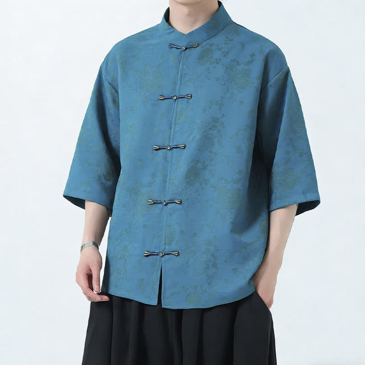Buddha Stones 夏物 唐風 マンダリンカラー フロッグボタン サイドスリット 無地 メンズ 肘丈袖シャツ - image 2