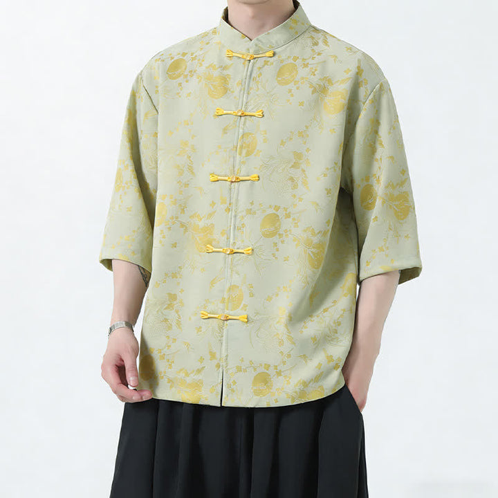 Buddha Stones 夏物 唐風 マンダリンカラー フロッグボタン サイドスリット 無地 メンズ 肘丈袖シャツ - image 8