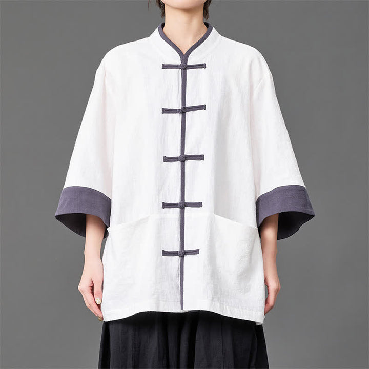 Buddha Stones 夏物 唐風 マンダリンカラー フロッグボタン 無地 メンズ 肘丈袖 ポケット付きシャツ - image 12