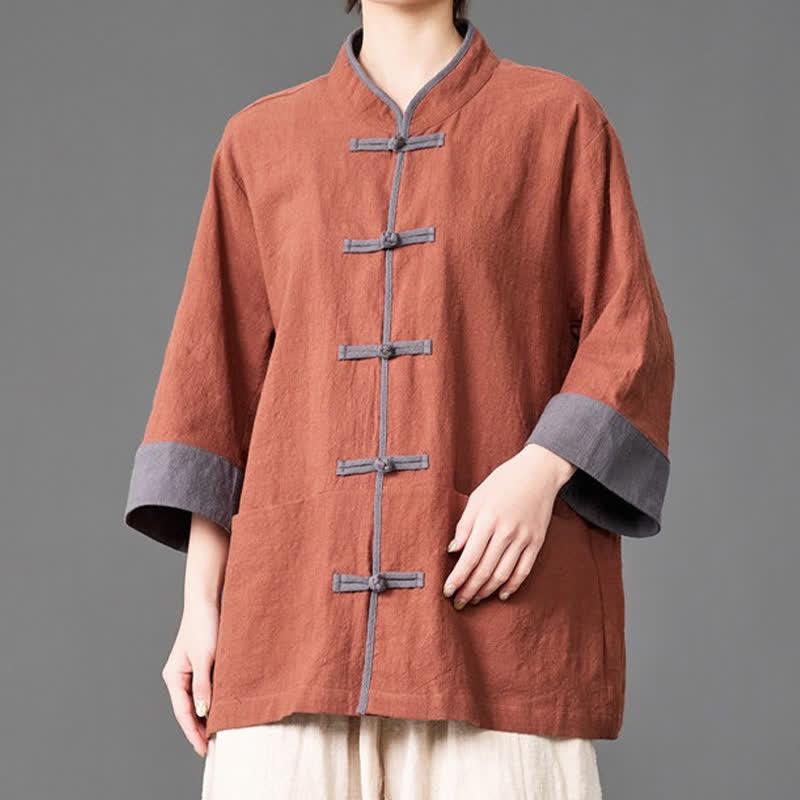Buddha Stones 夏物 唐風 マンダリンカラー フロッグボタン 無地 メンズ 肘丈袖 ポケット付きシャツ - image 16