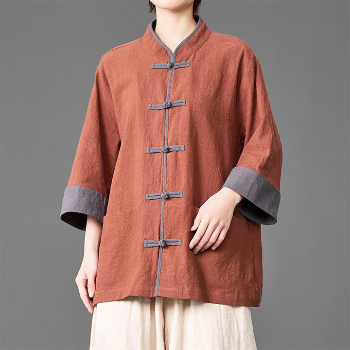 Buddha Stones 夏物 唐風 マンダリンカラー フロッグボタン 無地 メンズ 肘丈袖 ポケット付きシャツ - image 18