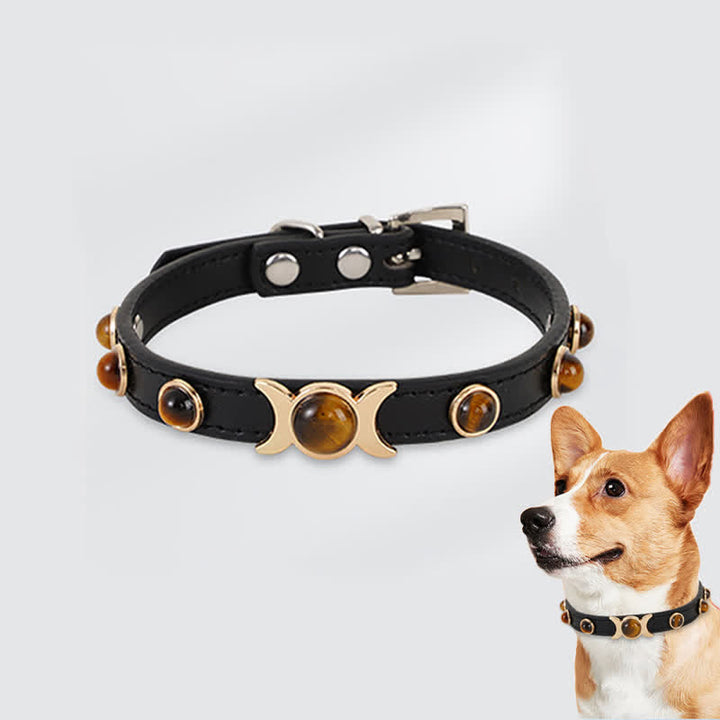 Buddha Stones タイガーアイレザー製 勇気 調節可能 猫犬用ペット首輪 - タイガーアイ（守護♥勇気） - 26～32cm - image 0