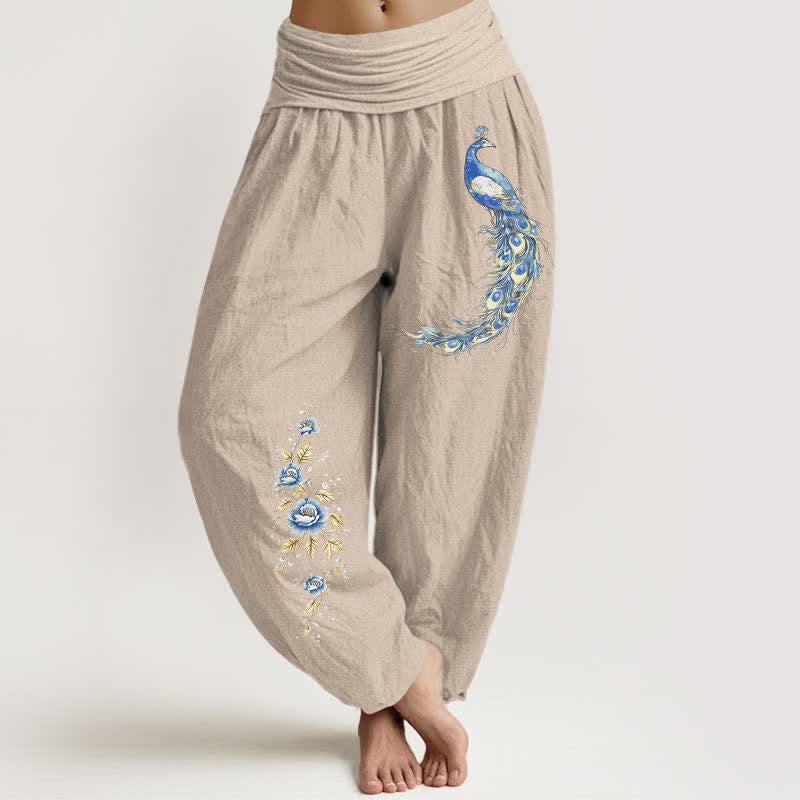 Buddha Stones ピュアコットン製、孔雀柄のレディース用ゴムウエストハーレムパンツ - タン - US16、 UK/AU20、 EU48 (3XL) - image 5