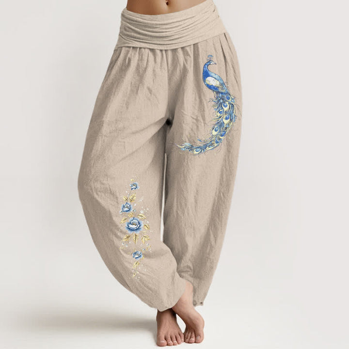 Buddha Stones ピュアコットン製、孔雀柄のレディース用ゴムウエストハーレムパンツ - タン - US16、 UK/AU20、 EU48 (3XL) - image 5