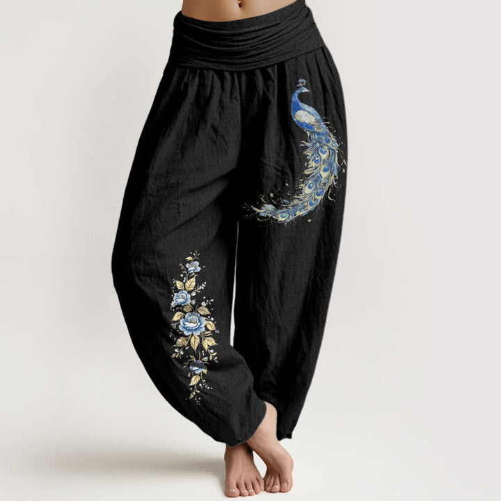 Buddha Stones ピュアコットン製、孔雀柄のレディース用ゴムウエストハーレムパンツ - 黒 - US16、 UK/AU20、 EU48 (3XL) - image 8
