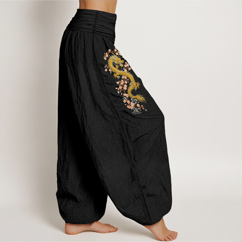 Buddha Stones 純綿ゴールデンドラゴンピンクブロッサム柄レディースゴムウエストハーレムパンツ - image 1