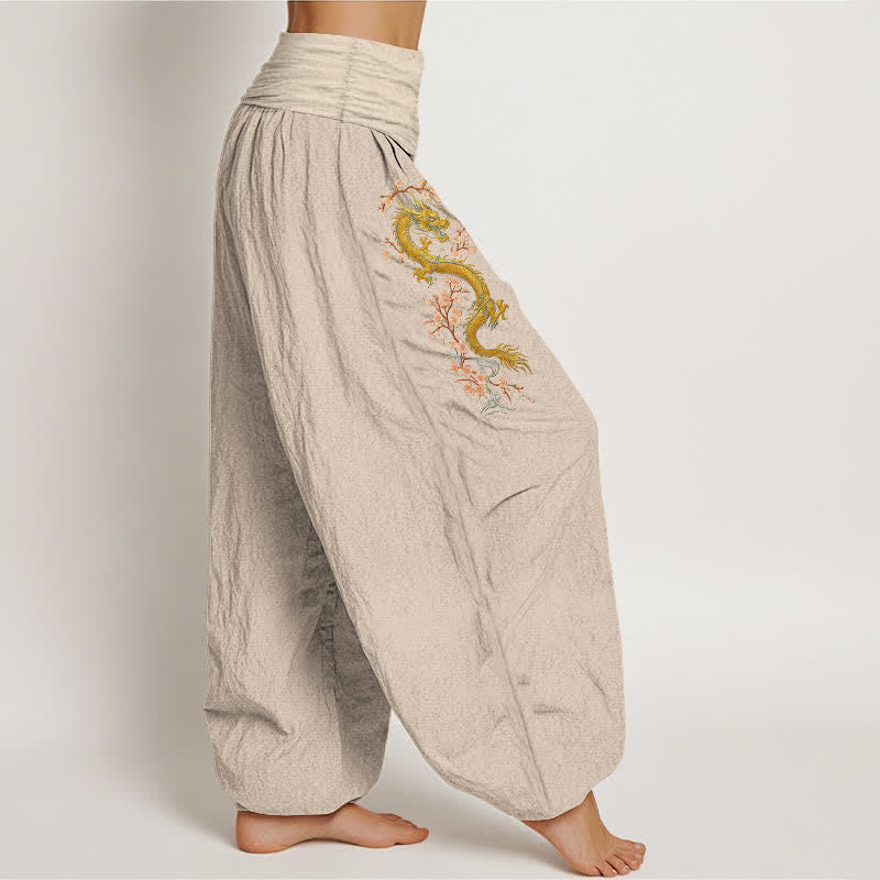 Buddha Stones 純綿ゴールデンドラゴンピンクブロッサム柄レディースゴムウエストハーレムパンツ - image 6