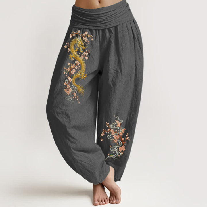 Buddha Stones 純綿ゴールデンドラゴンピンクブロッサム柄レディースゴムウエストハーレムパンツ - 薄暗い灰色 - US16、 UK/AU20、 EU48 (3XL) - image 11