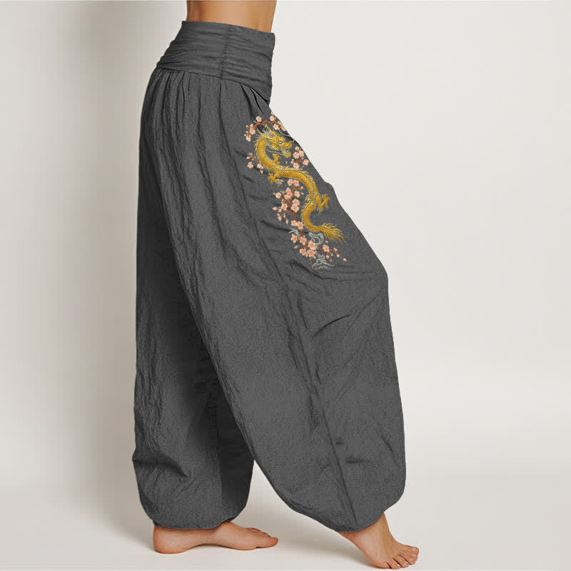 Buddha Stones 純綿ゴールデンドラゴンピンクブロッサム柄レディースゴムウエストハーレムパンツ - image 12