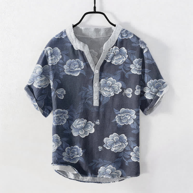 Buddha Stones コットン製ヴィンテージ牡丹柄メンズ半袖ハーフボタンシャツ - スチールブルー - US/UK/AU50、EU60（5XL） - image 0