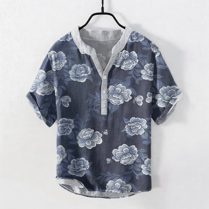 Buddha Stones コットン製ヴィンテージ牡丹柄メンズ半袖ハーフボタンシャツ - スチールブルー - US/UK/AU50、EU60（5XL） - image 0