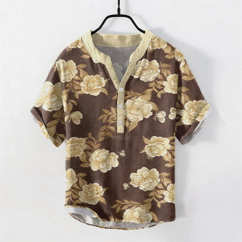 Buddha Stones コットン製ヴィンテージ牡丹柄メンズ半袖ハーフボタンシャツ - サドルブラウン - US/UK/AU50、EU60（5XL） - image 3