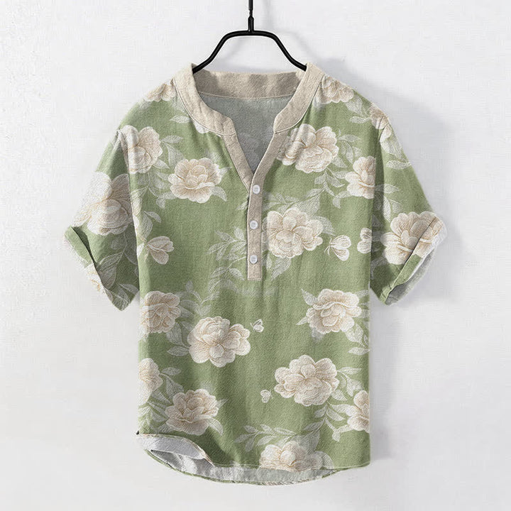 Buddha Stones コットン製ヴィンテージ牡丹柄メンズ半袖ハーフボタンシャツ - 淡い緑色 - US/UK/AU50、EU60（5XL） - image 5