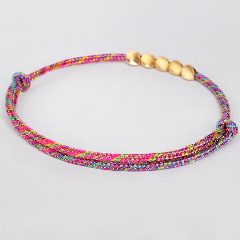 Buddha Stones レインボーマルチカラー編み紐と金色の銅ビーズの幸運ブレスレット - image 4