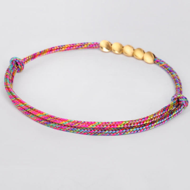 Buddha Stones レインボーマルチカラー編み紐と金色の銅ビーズの幸運ブレスレット - image 4