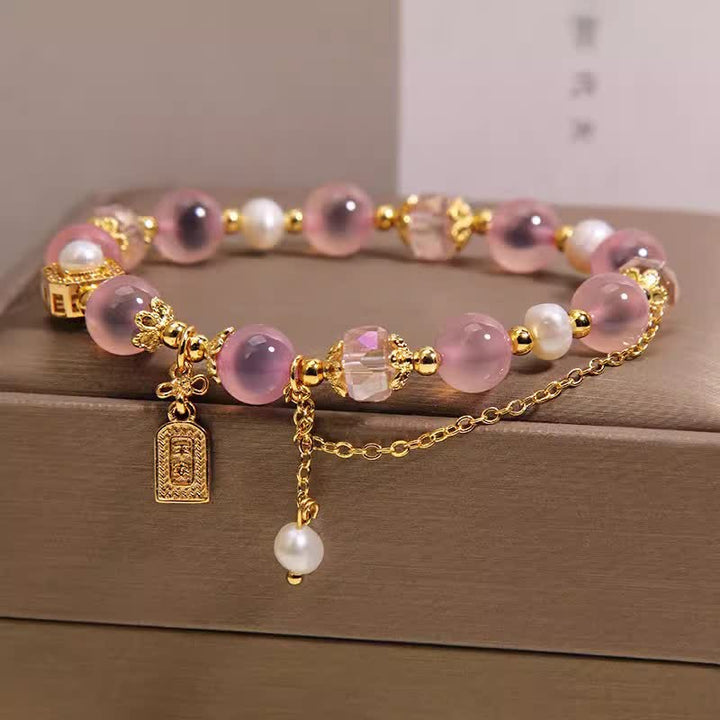 Buddha Stones ピンクの天然キャンディアゲートパールヒーリングブレスレット - image 1