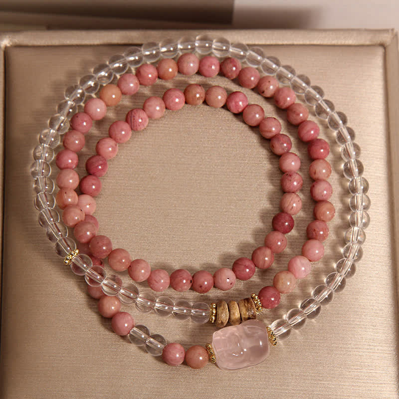 Buddha Stones ロードナイト、クリアクォーツ、ローズクォーツ、貔貅（ひきゅう）のトリプルラップブレスレット - image 4