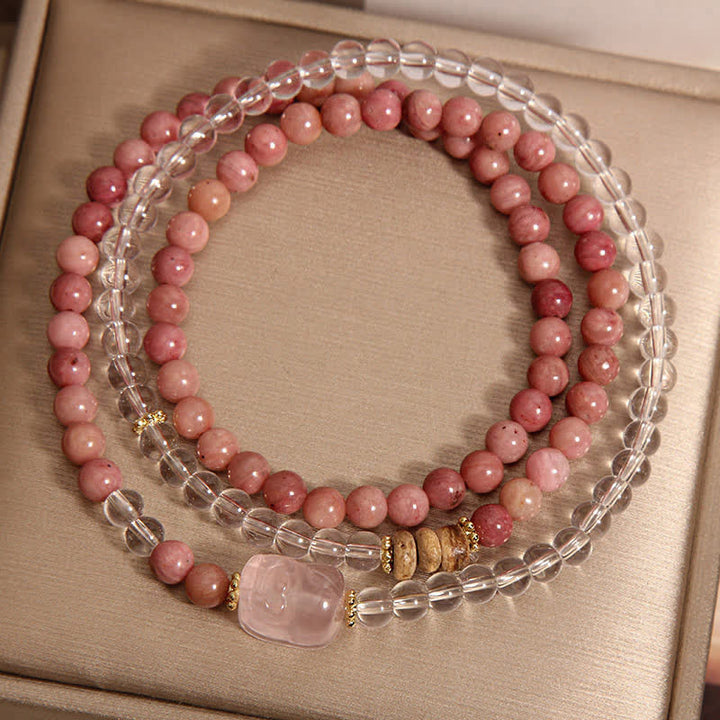 Buddha Stones ロードナイト、クリアクォーツ、ローズクォーツ、貔貅（ひきゅう）のトリプルラップブレスレット - image 3