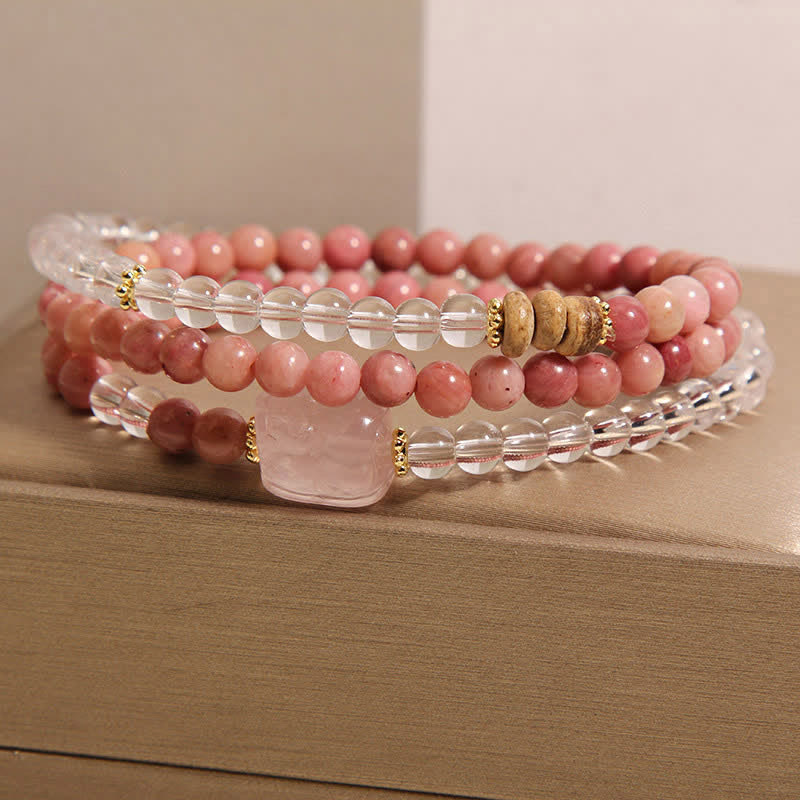 Buddha Stones ロードナイト、クリアクォーツ、ローズクォーツ、貔貅（ひきゅう）のトリプルラップブレスレット - image 1