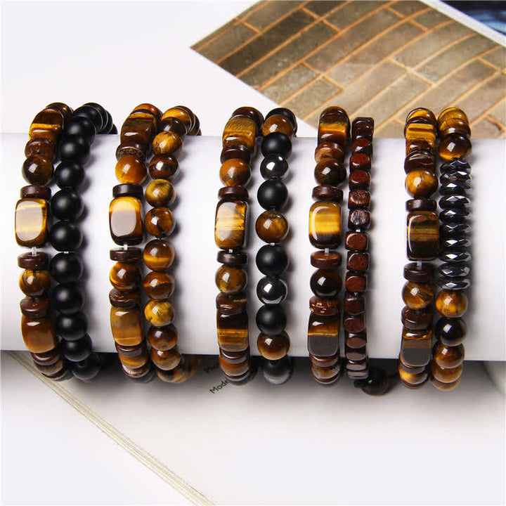 Buddha Stones タイガーアイヘマタイトスクエアダブルラップビーズ強さブレスレット2個セット - image 9